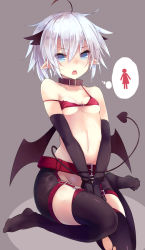 Rule 34 | 1girl, ahoge, bare shoulders, bdsm, belt, bikini, bikini top only, blue eyes, bondage, bound, bound wrists, breasts, choker, covered erect nipples, demon girl, demon tail, demon wings, elbow gloves, female focus, garter straps, gloves, grey background, have to pee, midriff, minchi (lordofthemince), navel, open mouth, original, pointy ears, short hair, simple background, sitting, small breasts, solo, strap slip, swimsuit, tail, tears, thighhighs, thought bubble, toilet sign, torn clothes, torn thighhighs, wariza, white hair, wings, zettai ryouiki