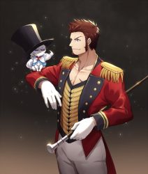 Rule 34 | 00047, 1boy, beard, blue eyes, brown hair, circus, commentary request, creature, epaulettes, facial hair, fate/grand order, fate (series), fou (fate), hat, long sideburns, long sleeves, male focus, napoleon bonaparte (fate), official alternate costume, pants, pectorals, scar, sideburns, smile, solo, uniform