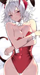 Rule 34 | 1girl, 3:, animal ears, antenna hair, arknights, bed sheet, blush, bow, bowtie, breasts, cameltoe, cleavage, closed mouth, collarbone, demon girl, demon horns, demon tail, detached collar, embarrassed, fake animal ears, frown, grey hair, highres, horns, kyuu (plastic night q), large breasts, leotard, looking at viewer, lying, multicolored hair, on back, on bed, playboy bunny, rabbit ears, red eyes, red hair, red leotard, short hair, solo, strapless, strapless leotard, tail, two-tone hair, v-shaped eyebrows, w (arknights), white bow, white bowtie, wrist cuffs