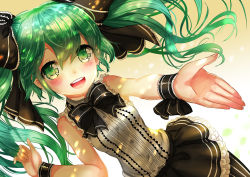 Rule 34 | 1girl, :d, bare shoulders, blush, frills, green eyes, green hair, hair ribbon, hatsune miku, kanipanda, long hair, matching hair/eyes, open mouth, outstretched arm, pantyhose, ribbon, skirt, smile, solo, striped clothes, striped pantyhose, twintails, vertical-striped clothes, vertical-striped pantyhose, vocaloid, wrist cuffs