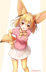 Rule 34 | 10s, 1girl, akabane hibame, animal ears, artist name, bow, bowtie, breasts, commentary request, fennec (kemono friends), fox ears, fox tail, gloves, hands on own hips, highres, kemono friends, open mouth, short hair, short sleeves, skirt, smile, solo, tail, thighhighs, zettai ryouiki