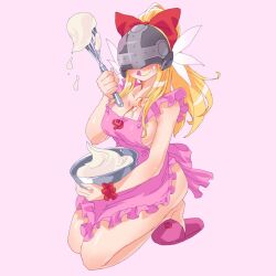 1girl angewomon apron baking blonde_hair blush bowl breasts covered_eyes digimon digimon_(creature) digimon_adventure female_focus gerusyu hair_ornament head_wings helmet helmet_over_eyes highres large_breasts licking_lips looking_at_viewer naked_apron pink_background ponytail simple_background slippers tongue tongue_out wings