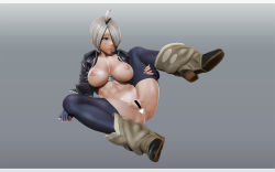 Rule 34 | 1girl, 3d, abs, angel (kof), bad id, bad pixiv id, bar censor, bare legs, bare pectorals, barefoot, blue eyes, blush, breasts, censored, chaps, cleavage, female focus, fingerless gloves, full body, gloves, hair over one eye, heart, heart censor, highres, jacket, large breasts, leslyzerosix, midriff, muscular, muscular female, navel, nipples, panties, pectorals, short hair, simple background, snk, solo, tan, tanline, the king of fighters, thighhighs, underwear, white hair