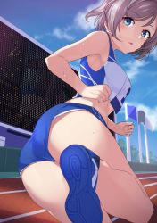 Rule 34 | 1girl, ass, blue eyes, blue skirt, breasts, brown hair, commentary request, crop top, day, highres, leg up, looking at viewer, looking back, love live!, love live! sunshine!!, medium breasts, midriff, outdoors, short hair, short shorts, shorts, skirt, solo, sweat, track uniform, watanabe you, yamaori (yamaorimon)