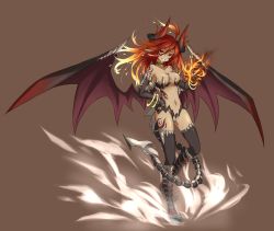 Rule 34 | 1girl, black thighhighs, breasts, fire, highres, horns, kazana (sakuto), long hair, looking at viewer, multicolored hair, navel, original, red eyes, red hair, simple background, smile, solo, tail, thighhighs, wings