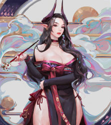 Rule 34 | 1girl, black hair, breasts, chocofing r, choker, cleavage, commentary, demon girl, demon horns, detached sleeves, earrings, forehead, grey eyes, horns, japanese clothes, jewelry, kimono, large breasts, lips, lipstick, long hair, looking at viewer, makeup, mole, mole on breast, mole under mouth, nail polish, necklace, nose, off shoulder, original, panties, pelvic curtain, smoking pipe, pointy ears, side-tie panties, side slit, smoke, smoking, solo, underwear
