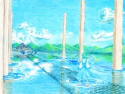 Rule 34 | 1girl, bad id, bad pixiv id, cloud, colored pencil (medium), day, feconf, female focus, from behind, hill, kochiya sanae, lake, mountain, pillar, reflection, scenery, shrine, sky, solo, standing, touhou, traditional media, wading, water