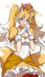 Rule 34 | 1girl, absurdres, animal ears, blonde hair, blue eyes, blush, dishwasher1910, fang, fox ears, fox tail, genderswap, genderswap (mtf), gloves, highres, long hair, looking at viewer, open mouth, personification, smile, solo, sonic (series), super crown, tail, tails (sonic), twintails