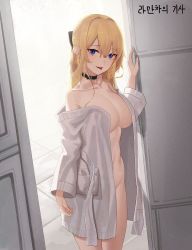 Rule 34 | 1girl, artist request, bare shoulders, bathrobe, black choker, blonde hair, blue eyes, bow, breasts, choker, cleavage, collarbone, commission, hair bow, highres, large breasts, long hair, looking at viewer, off shoulder, open clothes, original, second-party source, sidelocks, smile, solo, standing, tongue, tongue out