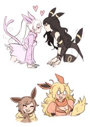 Rule 34 | 4girls, :d, animal ears, arm support, black hair, blake belladonna, blonde hair, blush, breasts, brown hair, cape, cleavage, cloak, closed eyes, cosplay, creatures (company), dashingicecream, dress, eevee, espeon, facing another, flareon, from side, game freak, gen 1 pokemon, gen 2 pokemon, hair between eyes, happy, high ponytail, imminent kiss, jacket, large breasts, leaning forward, leaning in, long hair, long sleeves, looking at another, medium breasts, multiple girls, nail polish, nintendo, o o, open mouth, orange scarf, parody, pokemon, ponytail, roosterteeth, ruby rose, rwby, scarf, short hair, siblings, simple background, sisters, skirt, small breasts, smile, standing, surprised, tail, tail wagging, teeth, tongue, umbreon, upper body, weiss schnee, white background, white hair, yang xiao long, yuri