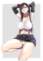 Rule 34 | 1girl, absurdres, armpits, arms behind head, black hair, breasts, cleavage, clothes lift, final fantasy, final fantasy vii, highres, large breasts, legs, long hair, looking at viewer, midriff, navel, panties, pantyshot, parted lips, pink lips, red eyes, sitting, skirt, skirt lift, solo, square enix, suspenders, tank top, thighs, tifa lockhart, underwear, white panties