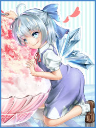 Rule 34 | 1girl, ahoge, blue eyes, blue hair, bow, cirno, food, hair bow, heart, ice, ice wings, in food, kneeling, matching hair/eyes, oversized object, puffy sleeves, shaved ice, short hair, short sleeves, solo, tongue, touhou, toumin, wings