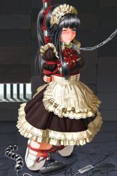 Rule 34 | 1girl, anal beads, apron, arms behind back, bdsm, black hair, blue eyes, blush, bondage, bound, breasts, cell, chain, collar, frills, from side, highres, itou tatsuya, leash, lock, long hair, maid, maid apron, maid headdress, one eye closed, original, padlock, ponytail, prison, rope, sex toy, shibari, shibari over clothes, solo, spreader bar, tears, thighhighs, white thighhighs