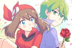 Rule 34 | 1boy, 1girl, :&lt;, bandana, blue eyes, blush, brown hair, closed mouth, collared shirt, commentary request, creatures (company), drew (pokemon), flower, game freak, green eyes, green hair, holding, holding flower, kousetsu, looking at viewer, may (pokemon), nintendo, petals, pokemon, pokemon (anime), pokemon rse (anime), purple shirt, red bandana, red flower, red rose, red shirt, rose, shirt, short sleeves, smile, v-shaped eyebrows