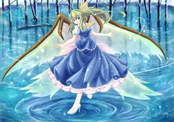 Rule 34 | 1girl, alternate wings, ascot, bare tree, blush, breasts, daiyousei, eyelashes, green eyes, green hair, hair ribbon, high heels, lake, layered skirt, leaning, light trail, looking at viewer, matching hair/eyes, open hand, open mouth, outstretched arms, puffy short sleeves, puffy sleeves, ribbon, ripples, runathito, short sleeves, side ponytail, skirt, skirt set, snowflakes, snowing, solo, sparkle, standing, standing on liquid, standing on one leg, touhou, tree, wind, wings