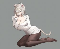 Rule 34 | 1girl, alternate costume, animal ear piercing, animal ears, arm under breasts, asymmetrical bangs, black pantyhose, blue nails, breasts, cleavage, dress shirt, feet, full body, grey background, grey eyes, grey hair, grin, hair over one eye, highres, hololive, kneeling, large breasts, lion ears, lion tail, long bangs, long sleeves, looking at viewer, nail polish, no pants, no shoes, official alternate hair length, official alternate hairstyle, oversized clothes, oversized shirt, pantyhose, partially unbuttoned, shirt, shishiro botan, simple background, smile, solo, tail, v, virtual youtuber, white shirt, zexalmike