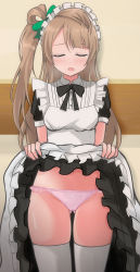 Rule 34 | 10s, 1girl, absurdres, apron, black dress, black neckwear, blush, bow, bow panties, bowtie, breasts, breath, brown hair, closed eyes, clothes lift, dress, dress lift, hair bow, hair rings, highres, long hair, love live!, love live! school idol project, maid, maid headdress, medium breasts, minami kotori, navel, open mouth, panties, pink panties, ponytail, short sleeves, side ponytail, standing, thighhighs, underwear, wall, wewe, white apron, white thighhighs