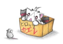 Rule 34 | 0 0, 10s, abyssal ship, admiral (kancolle), ahoge, animalization, box, cat, colored pencil (medium), commentary request, dainamitee, enemy aircraft (kancolle), for adoption, in box, in container, kantai collection, kitten, mittens, mouse (animal), no humans, non-human admiral (kancolle), northern ocean princess, simple background, traditional media, translated, triangle mouth, white background, white cat