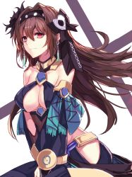 Rule 34 | 1girl, aosaki yukina, bad id, bad twitter id, breasts, brown hair, character request, cleavage, detached sleeves, earrings, hair ornament, hairband, jewelry, large breasts, long hair, looking at viewer, original, red eyes, revealing clothes, simple background, smile, solo, white background