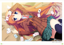 Rule 34 | 10s, 1girl, absurdres, bed sheet, black thighhighs, blue eyes, brown jacket, card, from above, green skirt, highres, holding, holding card, indoors, jacket, long hair, looking at viewer, lying, necktie, nonaka masayuki, on back, ootori chihaya, orange hair, parted lips, pleated skirt, red necktie, rewrite, ribbon, scan, shirt, skirt, solo, thighhighs, very long hair, white ribbon, white shirt, zettai ryouiki