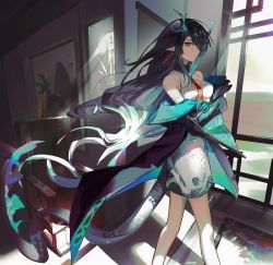Rule 34 | 1girl, absurdres, arknights, arm tattoo, bare shoulders, black hair, black jacket, china dress, chinese clothes, colored skin, crossed arms, dress, dusk (arknights), earrings, feet out of frame, flame-tipped tail, floating hair, green hair, green skin, hair over one eye, highres, indoors, jacket, jewelry, long hair, looking at viewer, multicolored hair, necktie, off shoulder, open clothes, open jacket, pointy ears, red eyes, red necktie, sleeveless, sleeveless dress, solo, standing, streaked hair, tassel, tassel earrings, tattoo, twice12314, twitter username, very long hair, white dress, window