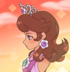 Rule 34 | 1girl, blue eyes, breasts, brown hair, dress, earrings, expressionless, female focus, flower earrings, from side, highres, jewelry, long hair, looking away, mario (series), nintendo, princess daisy, profile, small breasts, solo, sunset, super mario land, super mario odyssey, tiara, tomboy, upper body