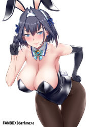 Rule 34 | 1girl, animal ears, asymmetrical gloves, bent over, black leotard, black pantyhose, blue eyes, blue hair, blush, bow, bowtie, breasts, cleavage, collarbone, darkmaya, detached collar, earrings, elbow gloves, fake animal ears, fake tail, fanbox username, gloves, hair between eyes, hair intakes, hair ribbon, hairband, hand on own hip, hololive, hololive english, jewelry, large breasts, leotard, looking at viewer, ouro kronii, paid reward available, pantyhose, playboy bunny, playing with own hair, rabbit ears, rabbit tail, ribbon, short hair, simple background, single elbow glove, solo, stud earrings, tail, thigh gap, uneven gloves, v-shaped eyebrows, virtual youtuber, white background