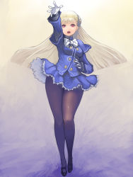 Rule 34 | 1girl, albino, black footwear, blue coat, blue skirt, breasts, brown pantyhose, buttons, capcom, capcom fighting jam, coat, contrapposto, full body, gloves, hairpods, highres, ingrid (capcom), johan (johan13), legs, long legs, long sleeves, mary janes, open mouth, outstretched arm, pantyhose, red eyes, revision, shoes, skirt, small breasts, solo, standing, straight hair, white gloves, white hair, wide hips