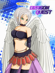 Rule 34 | 1girl, angel wings, breasts, bridal gauntlets, choker, cleavage, dragon quest, dragon quest ix, earrings, elbow gloves, gloves, green eyes, halo, jewelry, large breasts, level-5, midriff, nene (bazura66), pteruges, raviel, short hair, silver hair, skirt, solo, thighhighs, wings
