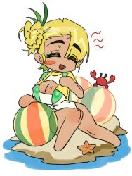 1girl animal ball beachball blonde_hair breasts closed_eyes crab deformed full_body hair_bun large_breasts one-piece_swimsuit open_mouth original see-through sg2907369 short_hair simple_background single_side_bun sitting solo sweat swimsuit tan white_background yellow_one-piece_swimsuit