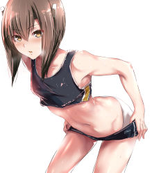 Rule 34 | 10s, 1girl, ass, bare shoulders, brown eyes, brown hair, butt crack, clothes pull, flat chest, headband, headgear, kantai collection, leaning forward, matching hair/eyes, midriff, navel, panties, short hair, shorts, shorts pull, simple background, sleeveless, solo, sports bra, sweat, tai (nazutai), taihou (kancolle), underwear, white background, white panties