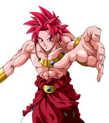 Rule 34 | 1boy, broly (dragon ball z), dragon ball, dragonball z, male focus, matching hair/eyes, muscular, red eyes, red hair, simple background, solo, super saiyan, super saiyan god, topless male, white background