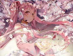 Rule 34 | 1girl, bare shoulders, blurry, bokeh, branch, breasts, cherry blossom print, cherry blossoms, collared shirt, cupping hands, dappled sunlight, depth of field, detached sleeves, expressionless, eyelashes, floating hair, floral print, flower, frills, glowing, hair between eyes, hatsune miku, headset, light particles, long hair, looking at viewer, nachoz (nachozart), necktie, own hands together, petals, pink eyes, pink flower, pink hair, pink necktie, pink skirt, pink theme, pleated skirt, pout, sakura miku, shaded face, shadow, shirt, sidelocks, signature, skirt, small breasts, solo, sunlight, tree, twintails, upper body, very long hair, vocaloid, white flower, white shirt, wind, wind lift