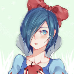 Rule 34 | 1girl, :o, apple, black nails, blue dress, blue eyes, blush, bow, collarbone, commentary, dress, food, fruit, g4265059, grass print, green background, hair bow, hair over one eye, highres, holding, holding food, holding fruit, kirishima touka, nail polish, red apple, red bow, red lips, simple background, symbol-only commentary, tokyo ghoul