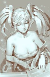 Rule 34 | 1girl, bare shoulders, breasts, cleavage, closed eyes, closed mouth, commentary, grey background, greyscale, highres, japanese clothes, kimono, large breasts, league of legends, lips, long hair, long sleeves, monochrome, off shoulder, simple background, sketch, solo, sona (league of legends), standing, timbougami, twintails, wide sleeves