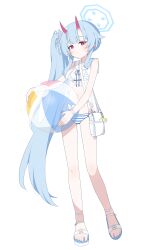 Rule 34 | 1girl, absurdres, bag, ball, bare arms, bare legs, beachball, bikini, blue archive, blue hair, blue halo, blush, breasts, chise (blue archive), chise (swimsuit) (blue archive), closed mouth, full body, hagoonha, halo, highres, holding, holding ball, holding beachball, horns, light smile, long hair, navel, official alternate costume, oni horns, red eyes, sailor collar, sandals, shoulder bag, side ponytail, simple background, small breasts, solo, striped bikini, striped clothes, swimsuit, very long hair, white background, white bikini, white sailor collar