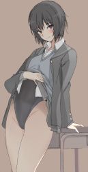 Rule 34 | 1girl, amagami, arm support, black hair, black one-piece swimsuit, blue sweater vest, blue one-piece swimsuit, blush, brown background, brown eyes, clothes lift, commentary, competition swimsuit, cowboy shot, desk, dress shirt, grey blazer, grey skirt, groin, hair strand, highleg, highleg swimsuit, kibito high school uniform, lifting own clothes, light smile, long sleeves, looking at viewer, mobu, nanasaki ai, one-piece swimsuit, pleated skirt, school desk, school uniform, shirt, short hair, simple background, skirt, skirt lift, solo, standing, sweater vest, swimsuit, swimsuit under clothes, two-tone swimsuit, white shirt
