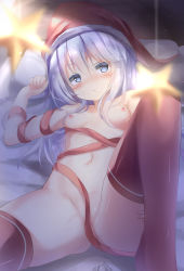 Rule 34 | 1girl, bed, bed sheet, blue eyes, blush, breasts, closed mouth, hair between eyes, hat, hibiki (kancolle), highres, kantai collection, long hair, natuna natu, navel, nipples, pillow, pom pom (clothes), red thighhighs, santa hat, sidelocks, silver hair, small breasts, solo, thighhighs