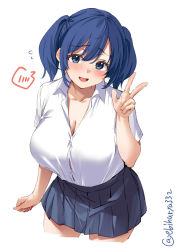 Rule 34 | 1girl, blue eyes, blue hair, blue skirt, blush, breasts, cleavage, collarbone, collared shirt, cowboy shot, cropped legs, ebifurya, flying sweatdrops, hair between eyes, highres, kantai collection, large breasts, one-hour drawing challenge, open mouth, pleated skirt, shirt, short hair, short sleeves, simple background, skirt, solo, souryuu (kancolle), spoken blush, twintails, twitter username, v, white background, white shirt