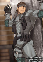 Rule 34 | 1boy, ass, bara, beard, biceps, bodysuit, bound, bound wrists, brown hair, bulge, covered abs, covered erect nipples, facial hair, grey bodysuit, gumroad username, headband, kienbiu, large pectorals, male focus, metal gear (series), muscular, muscular male, paid reward available, patreon username, pectorals, paid reward available, short hair, solid snake, solo, stubble, thick thighs, thighs, twitter username