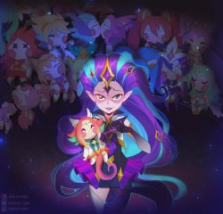 Rule 34 | 1girl, absurdres, ahri (league of legends), artist name, character doll, dress, ezreal, gloves, green hair, heterochromia, highres, holding, holding needle, janna (league of legends), jinx (league of legends), league of legends, long hair, lulu (league of legends), lux (league of legends), needle, neeko (league of legends), odeko yma, pointy ears, poppy (league of legends), purple hair, purple lips, rakan (league of legends), red eyes, single leg pantyhose, slit pupils, smile, solo, soraka (league of legends), star (symbol), star guardian (league of legends), star guardian ahri, star guardian ezreal, star guardian janna, star guardian jinx, star guardian lulu, star guardian lux, star guardian neeko, star guardian poppy, star guardian rakan, star guardian soraka, star guardian syndra, star guardian xayah, star guardian zoe, starry background, stuffed toy, syndra, teeth, watermark, xayah, zoe (league of legends)