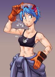 Rule 34 | absurdres, alternate hair color, alternate hairstyle, aqua eyes, bandaid, bandaid on arm, black sports bra, blue hair, breasts, bulma, capsule corp, cigarette, clothes around waist, dirty, dirty face, dragon ball, dragonball z, gloves, goggles, goggles on head, grey overalls, hand on own hip, highres, linea alba, lips, looking to the side, medium breasts, nagainosfw, orange gloves, overalls, short hair, smoking, sports bra, standing, sweat, toned
