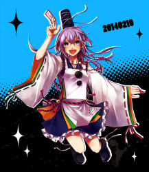 Rule 34 | 1girl, amulet, dated, gradient background, hat, holding, japanese clothes, jumping, kariginu, long hair, long sleeves, looking at viewer, mononobe no futo, moshio962, multicolored background, open mouth, ponytail, ribbon, shirt, shoes, silver hair, skirt, smile, solo, sparkle, tate eboshi, touhou, wide sleeves