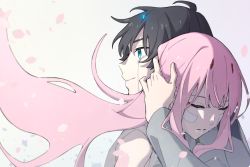 Rule 34 | 10s, 1boy, 1girl, bandaid, bandaid on face, black hair, blue eyes, blue horns, broken horn, closed eyes, commentary request, couple, crying, crying with eyes open, darling in the franxx, hand on another&#039;s head, hetero, highres, hiro (darling in the franxx), horns, hug, leje39, long hair, long sleeves, military, military uniform, nightgown, oni horns, petals, pink hair, red horns, short hair, tears, uniform, white nightgown, zero two (darling in the franxx)