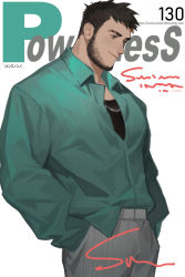 Rule 34 | 1boy, artist name, bara, beard, black tank top, cowboy shot, facial hair, green shirt, grey pants, highres, jewelry, looking to the side, male focus, mature male, muscular, muscular male, necklace, original, pants, partially unbuttoned, pectorals, powerlesssong, shirt, shirt tucked in, short hair, smile, solo, striped clothes, striped pants, stubble, tank top