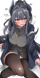 Rule 34 | 1girl, absurdres, arknights, black horns, black scarf, black shirt, blush, breasts, brown thighhighs, dragon girl, dragon horns, embarrassed, eyes visible through hair, feet out of frame, flying sweatdrops, grey hair, hair between eyes, highres, horns, jacket, large breasts, liskarm (arknights), long hair, long sleeves, looking at viewer, open clothes, open jacket, open mouth, paid reward available, purple jacket, red eyes, scarf, shirt, simple background, sketch, solo, sound effects, sunaneko, sweatdrop, thighhighs, translation request, white background