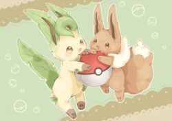 Rule 34 | :d, collet (pixiv17839028), commentary request, creature, creatures (company), eevee, eye contact, full body, game freak, gen 1 pokemon, gen 4 pokemon, happy, highres, leafeon, looking at another, nintendo, no humans, open mouth, poke ball, poke ball (basic), pokemon, pokemon (creature), smile
