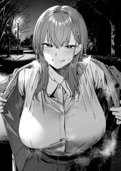 Rule 34 | 1girl, blush, breasts, coat, greyscale, grin, highres, holding, holding clothes, holding coat, ice reizou, large breasts, looking at viewer, monochrome, night, night sky, open clothes, open coat, original, outdoors, park, sky, smile, steam, steaming body, sweatdrop, upper body