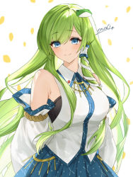 Rule 34 | 1girl, bare shoulders, blue eyes, blue skirt, blush, breasts, closed mouth, detached sleeves, enoki 3106, frog hair ornament, green hair, hair between eyes, hair ornament, hair tubes, japanese clothes, kochiya sanae, large breasts, long hair, nontraditional miko, signature, skirt, smile, snake hair ornament, solo, touhou, upper body, white background, white sleeves, wide sleeves