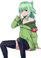 Rule 34 | 1boy, absurdres, androgynous, armband, black thighhighs, blush, green hair, green jacket, hair intakes, hand up, highres, jacket, looking at viewer, open clothes, open jacket, open mouth, otori-tan, pointing, pointing at self, red armband, red eyes, seitokai nimo anawa aru!, simple background, sitting, sleeves past wrists, thighhighs, trap, white background, yozakura rakuza